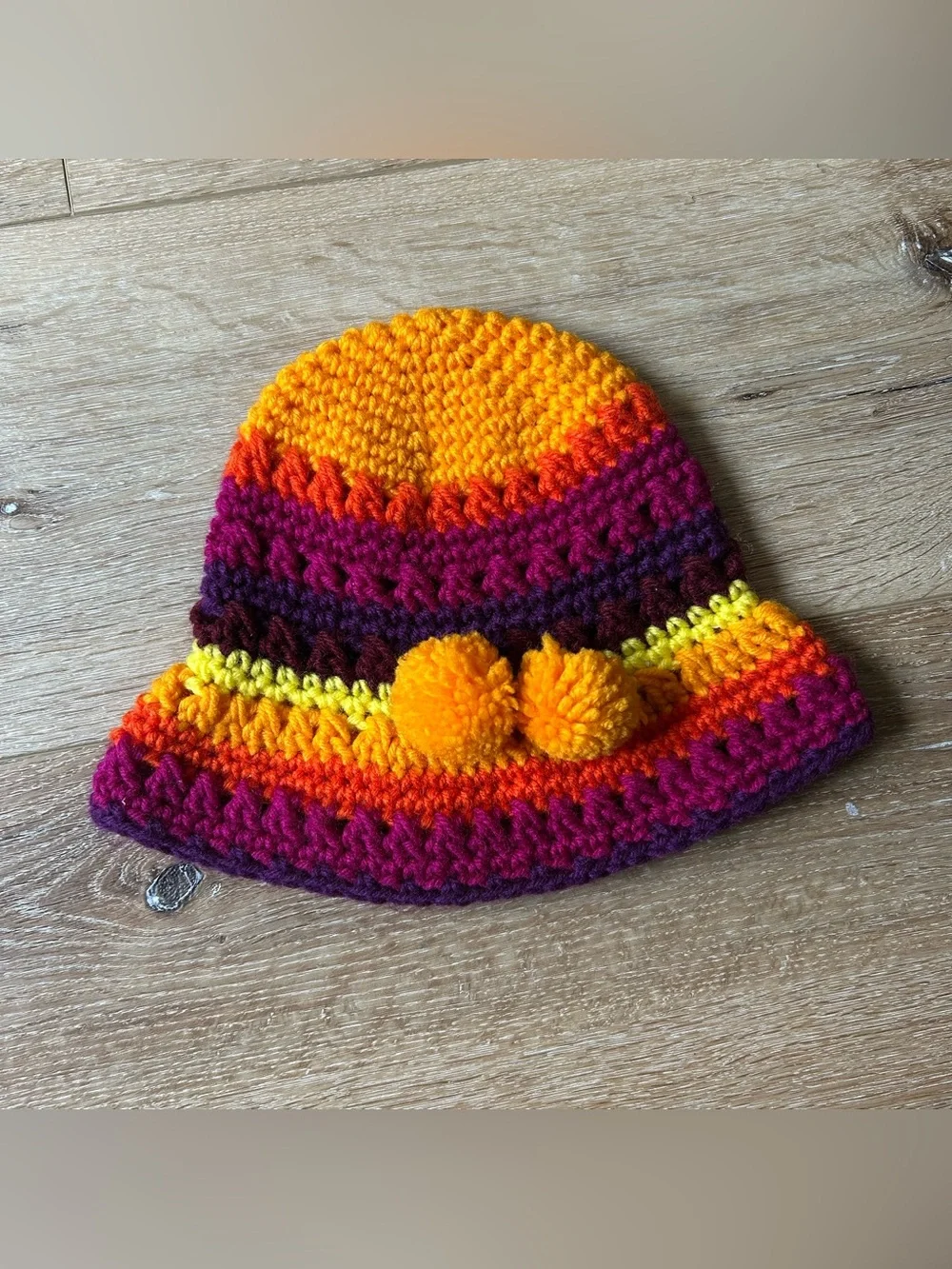 Handmade Multicolor Crochet Pom Pom Bucket Hat - Women